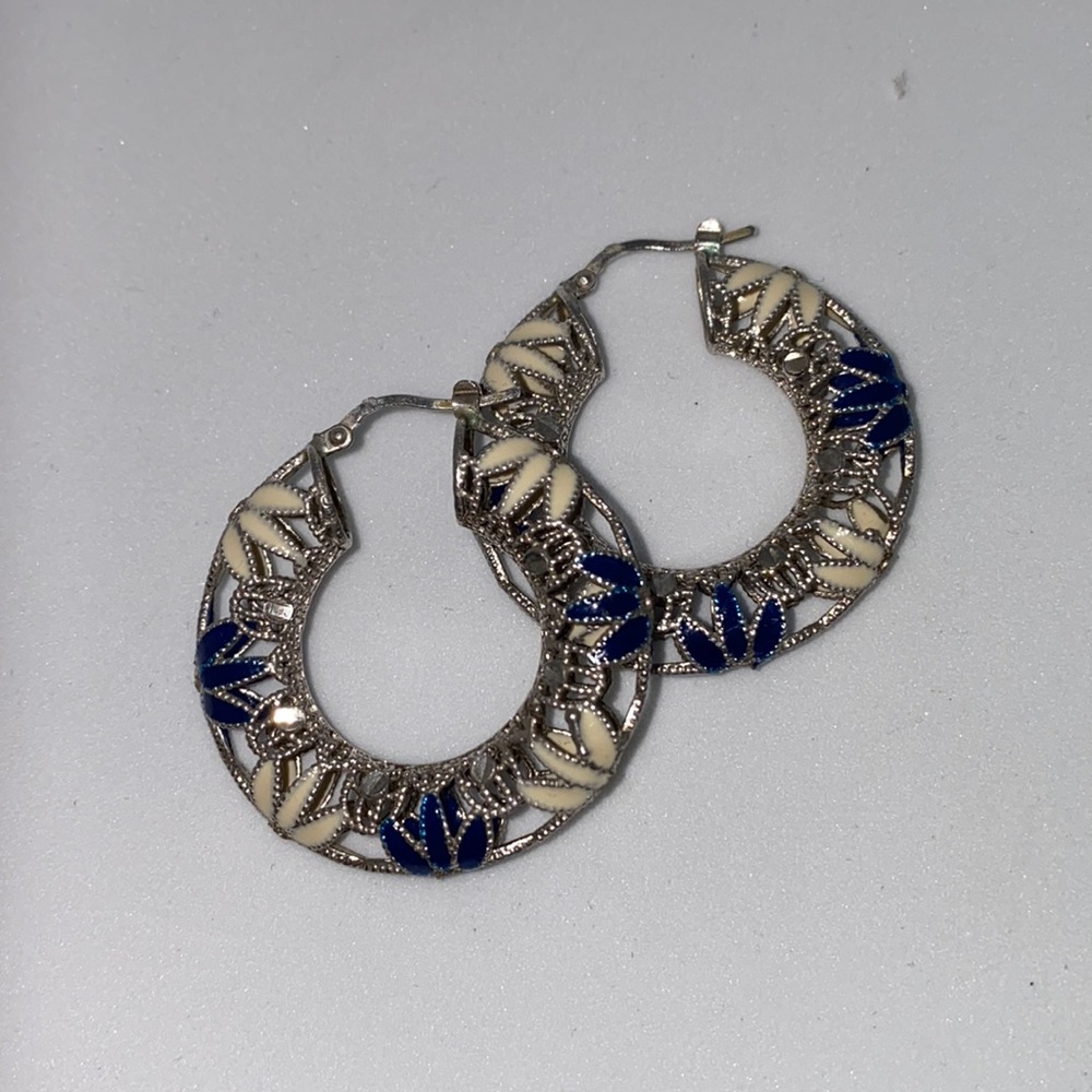 Blue and white Italian hoop earrings